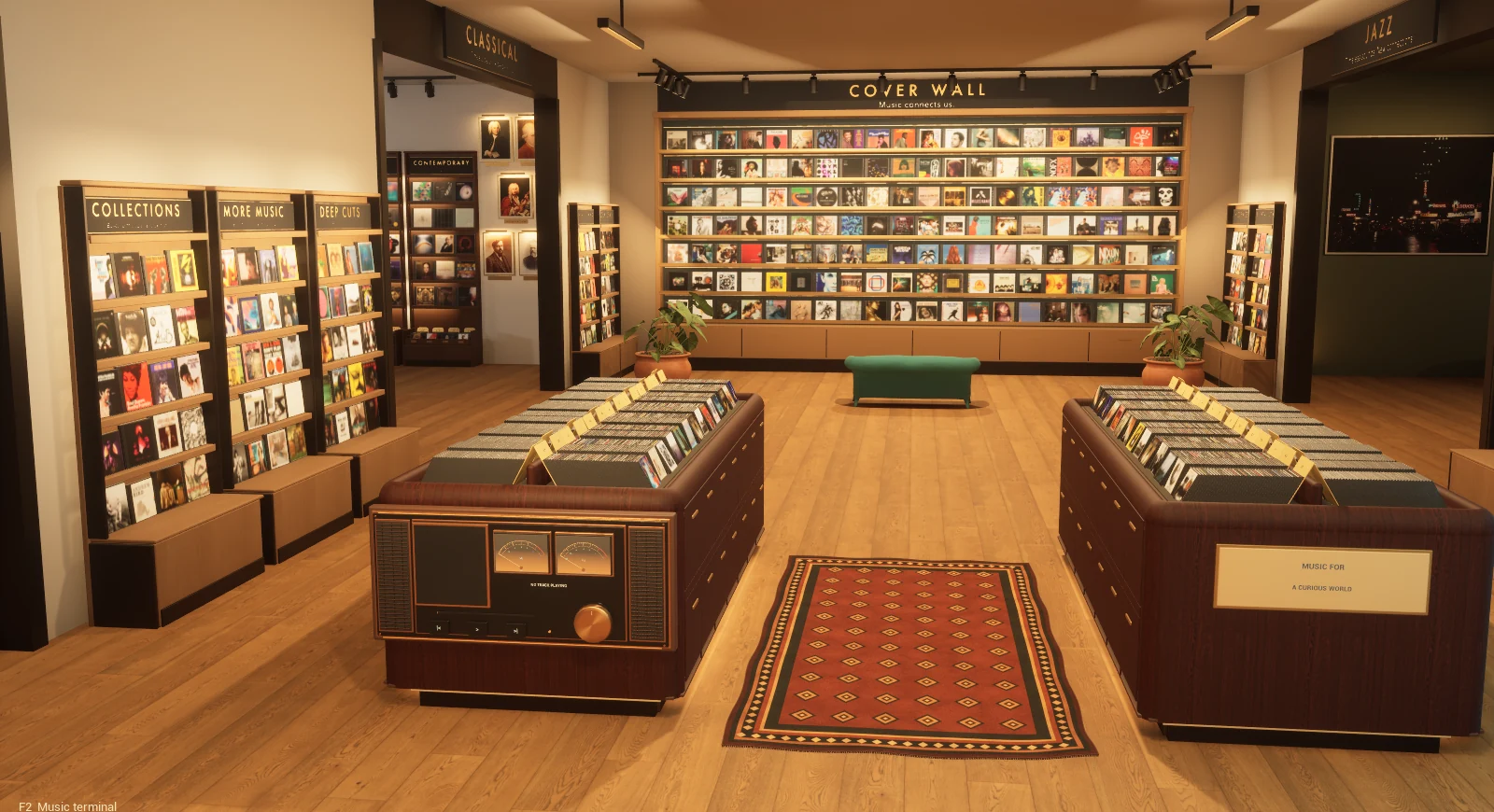 Inside the Virtual Jukebox prototype: wooden album cabinets, a vintage player and a wall of covers